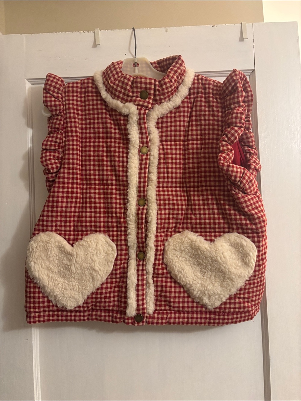 Red Gingham Heart Pocket Fleece-Trim Vest